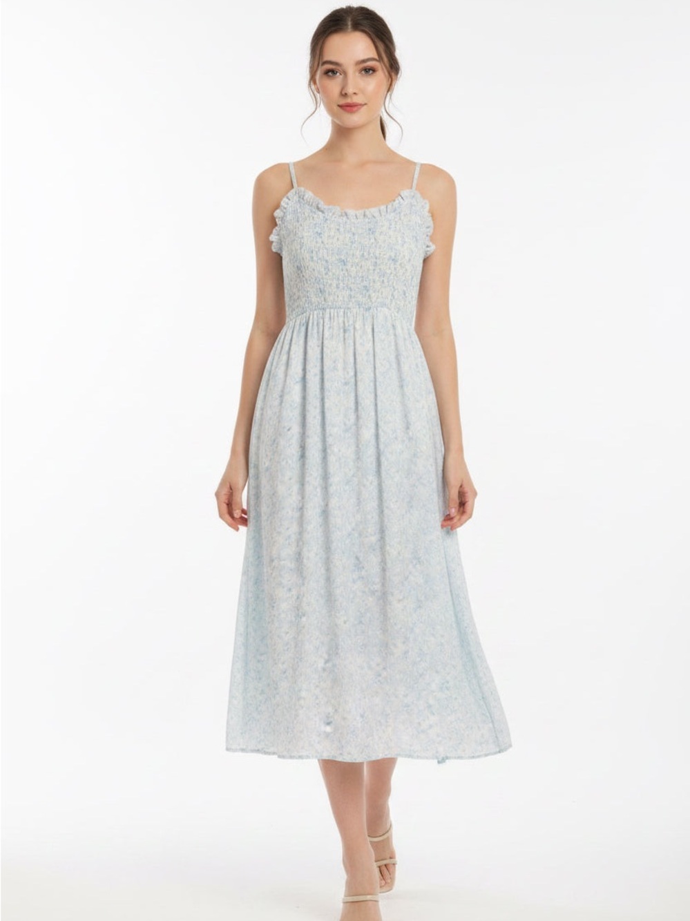 Smocked Light Blue Floral Maxi Dress with Spaghetti Straps - Picture 13 of 13